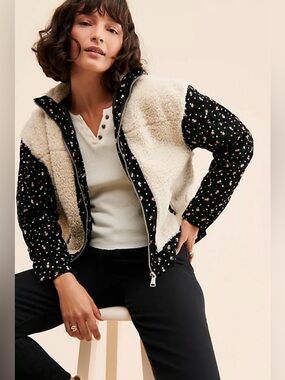 DRIFTWOOD Cream Sherpa Jacket with Black Floral Sleeves Size Medium